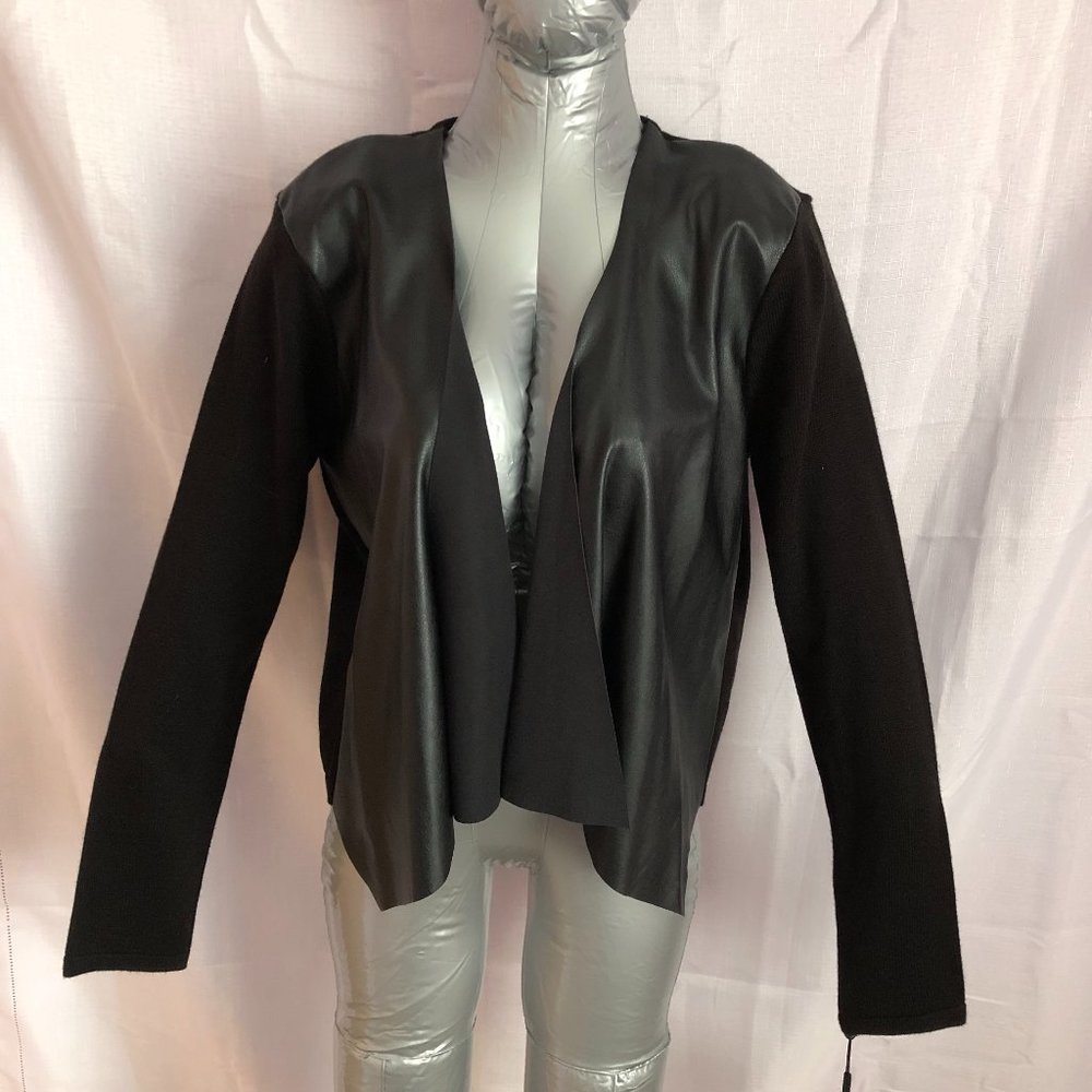 Calvin Klein Faux Leather  Black Cardigan Sweater  Size Large